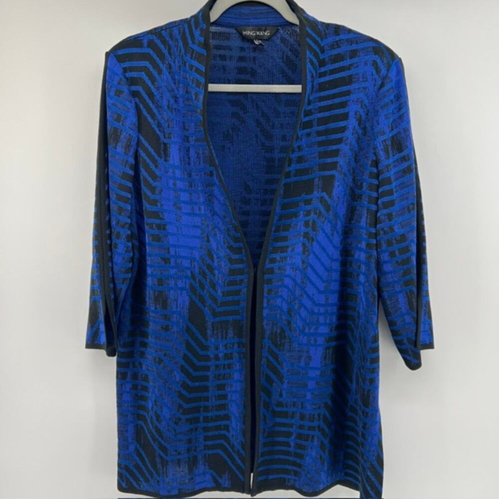 MING WANG Open Front Cardigan Sweater Womens L Blue Black Geometric Side Split